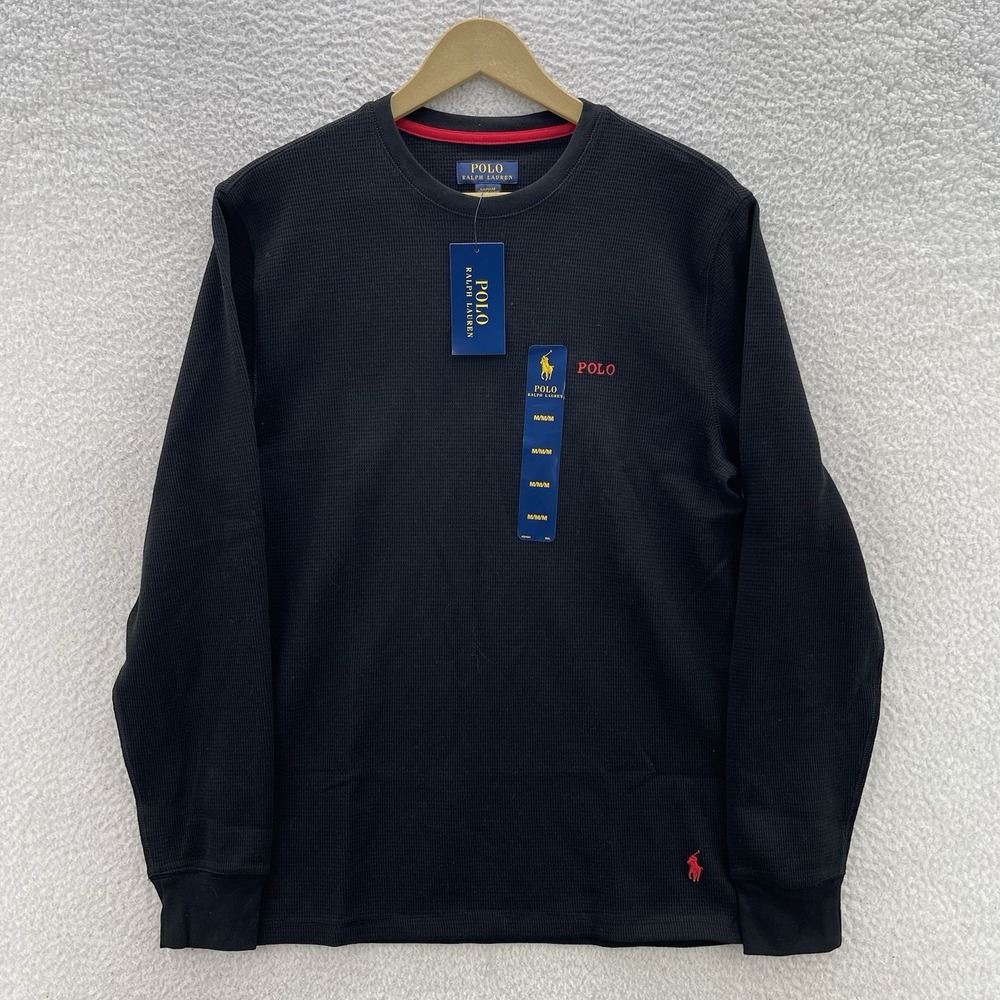 Polo Ralph Lauren Shirt Mens Medium Black Thermal Waffle Knit Preppy Y2K NEW